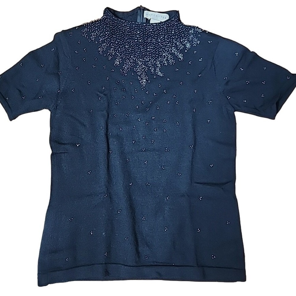 Doncaster Black Wool Beaded Sweater Short Sleeve Mock Neck Shoulder Pads M